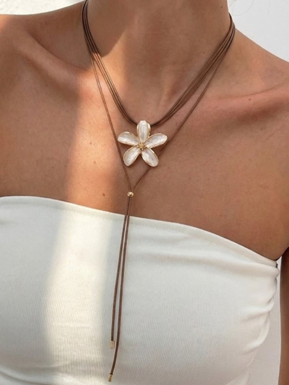 Free People White Enamel Flower Layered Lariat Necklace
